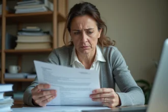 Femme stressée lisant une lettre officielle de Pôle emploi concernant une sanction de radiation