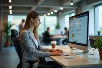 Femme utilisant un logiciel LCMS sur un écran d'ordinateur dans un bureau professionnel moderne