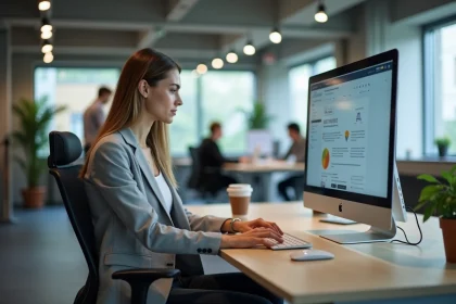 Femme utilisant un logiciel LCMS sur un écran d'ordinateur dans un bureau professionnel moderne