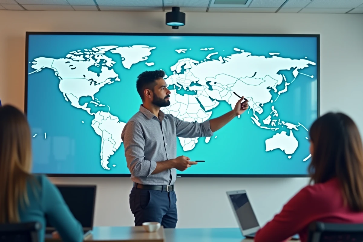 Formateur en cybersécurité présentant une carte mondiale des formations à un groupe d'étudiants internationaux