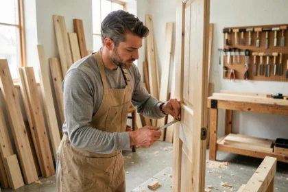 Stagiaire en formation menuiserie mesurant un cadre de porte en bois dans un atelier de formation professionnelle