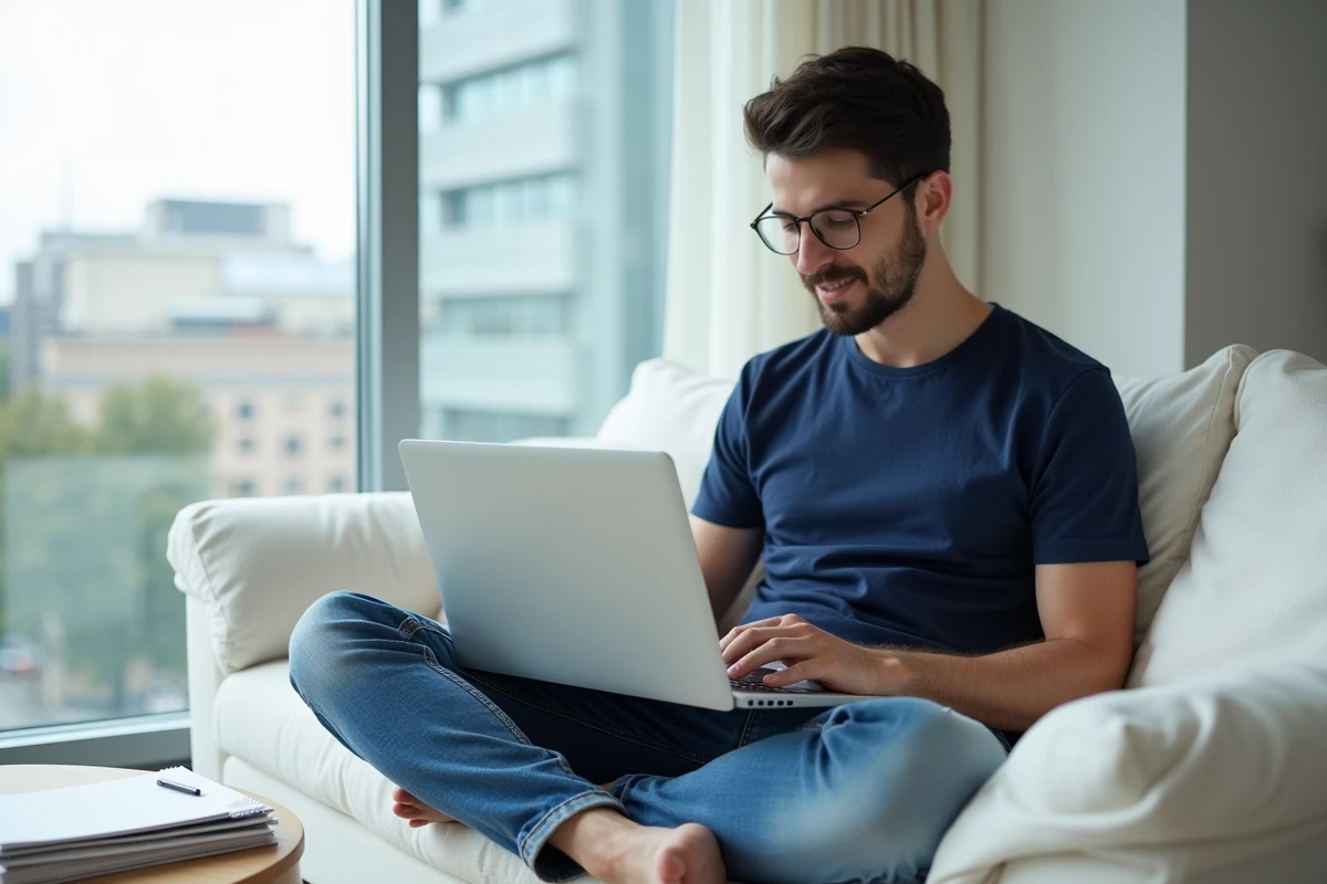 Personne autodidacte suivant une formation QA en ligne sur un ordinateur portable depuis chez elle