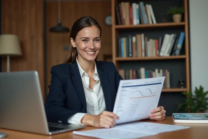 Femme consultant des certificats de formation professionnelle sur un bureau en bois dans un home office moderne