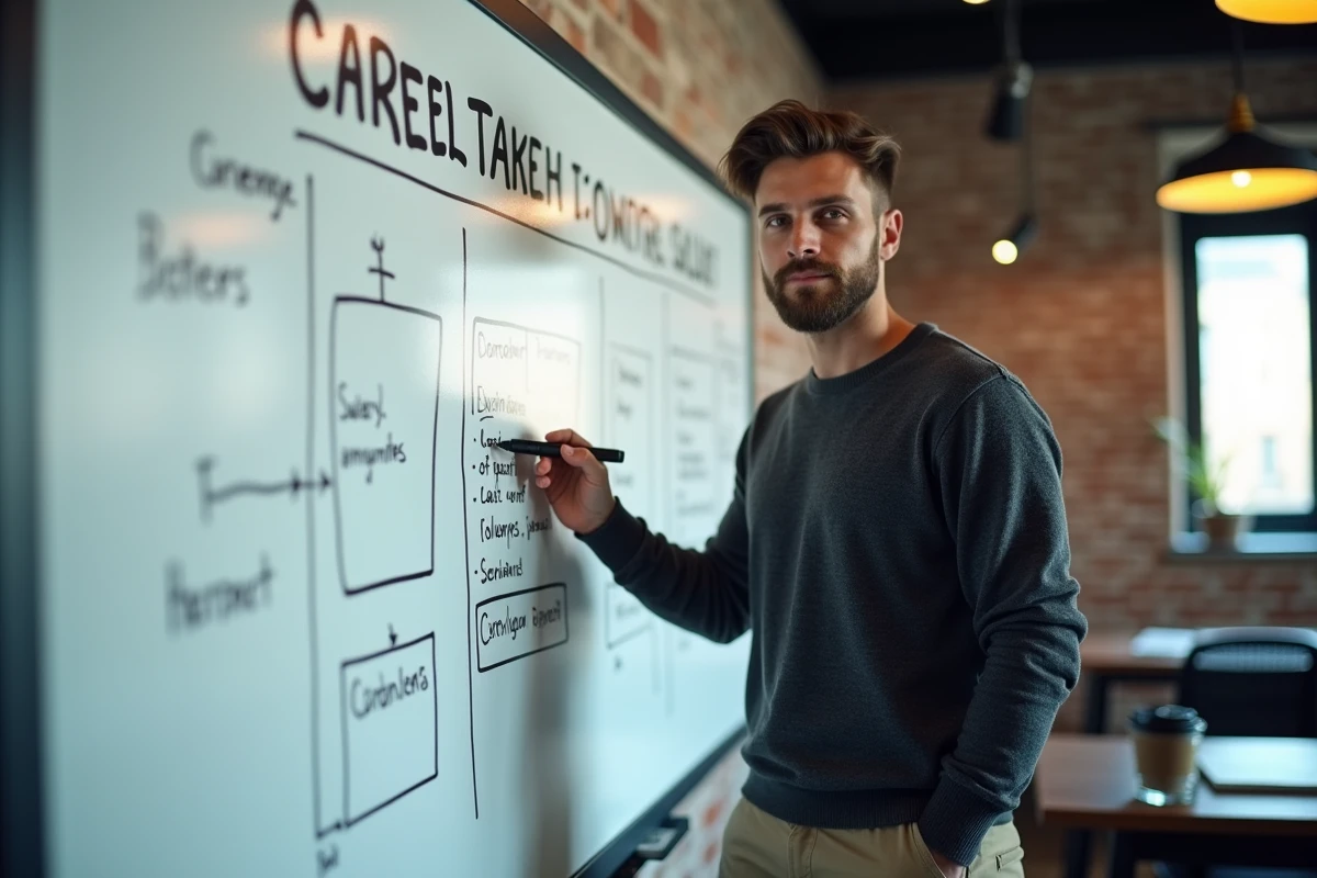 Homme debout devant un tableau blanc avec des schémas de parcours de carrière et projections salariales dans un espace de coworking