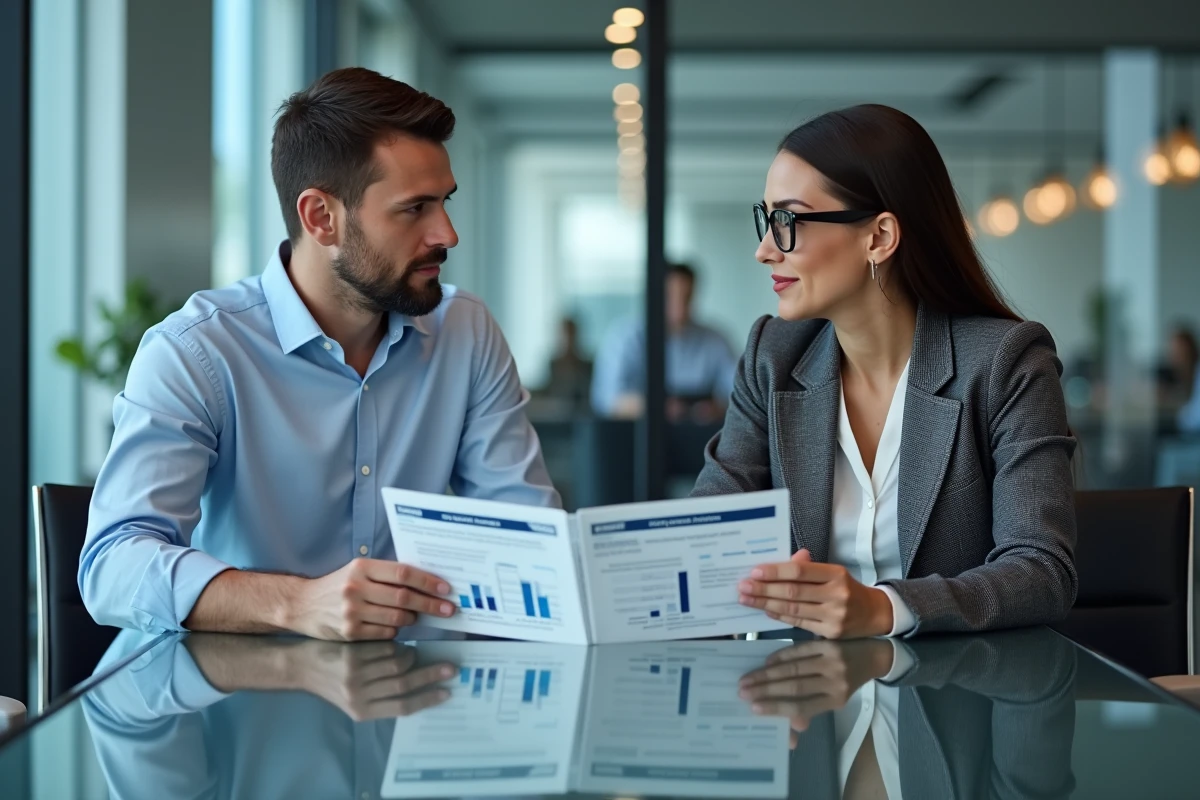 Deux professionnels analysant des brochures de formation et des graphiques de retour sur investissement lors d'une réunion en salle de conférence