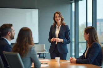 Formatrice en soft skills animant un atelier de formation avec un petit groupe de collaborateurs dans une salle de réunion moderne