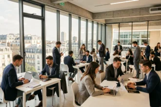 Groupe d'étudiants en alternance dans un campus moderne des Hauts-de-Seine