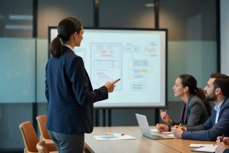 Formatrice professionnelle animant une session de formation à l'instruction professionnelle devant un groupe d'adultes en salle de conférence