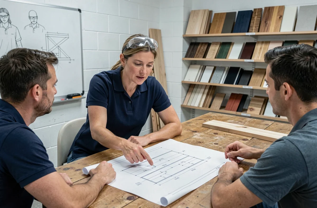 Formatrice en menuiserie expliquant un plan technique à des stagiaires adultes dans un centre de formation professionnelle