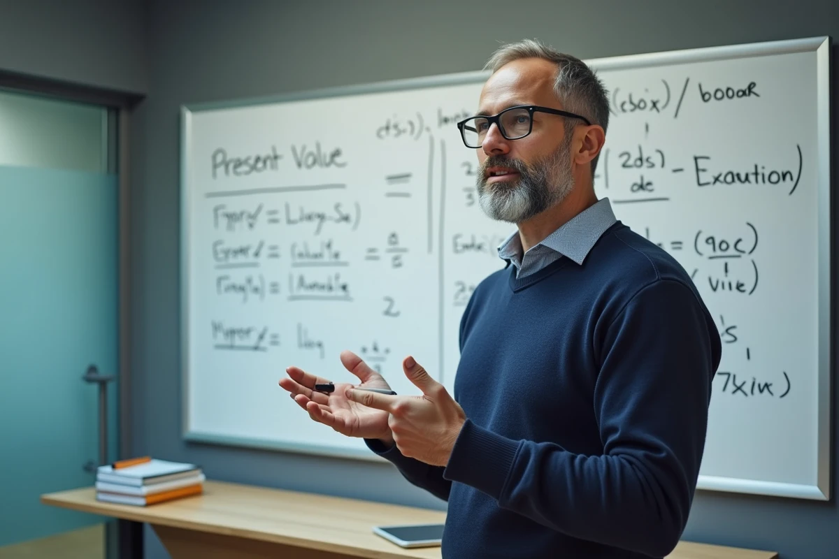 Homme expliquant les formules de calcul de la valeur actuelle devant un tableau blanc en salle de réunion