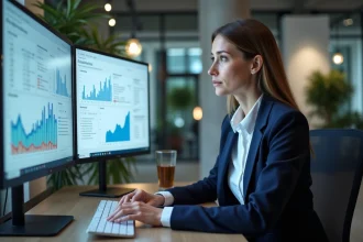 Professionnelle analysant des indicateurs de réputation numérique sur un tableau de bord analytique en entreprise
