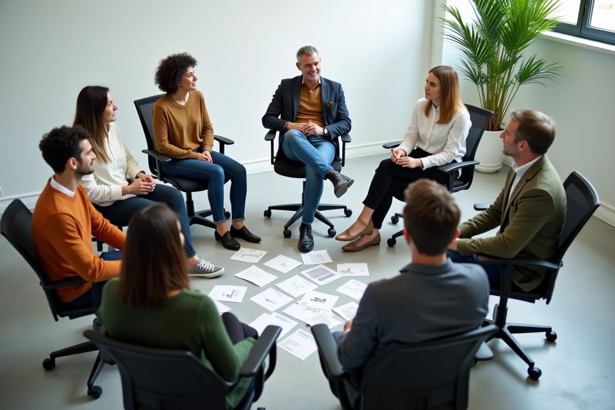 Groupe d'adultes en cercle participant à un exercice collaboratif de résolution de problèmes pour développer les soft skills