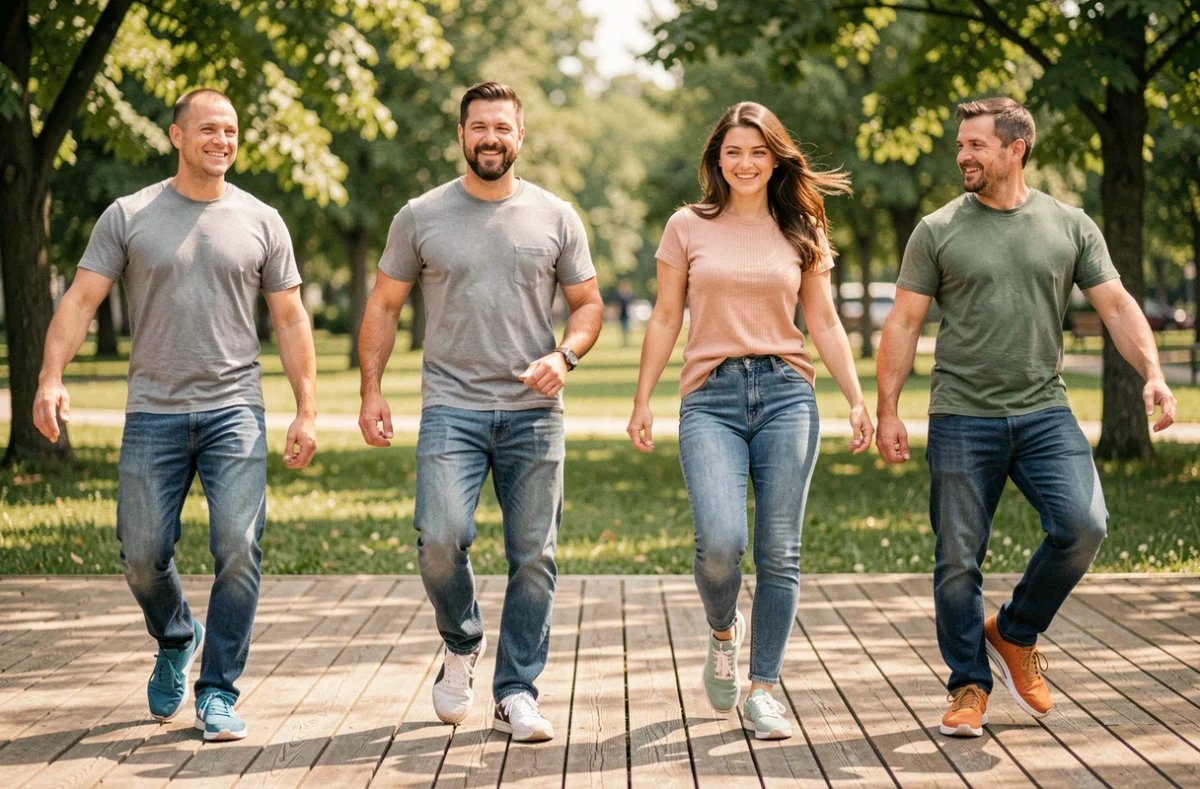 Groupe d'adultes débutants dansant le Madison en ligne dans un parc en plein air
