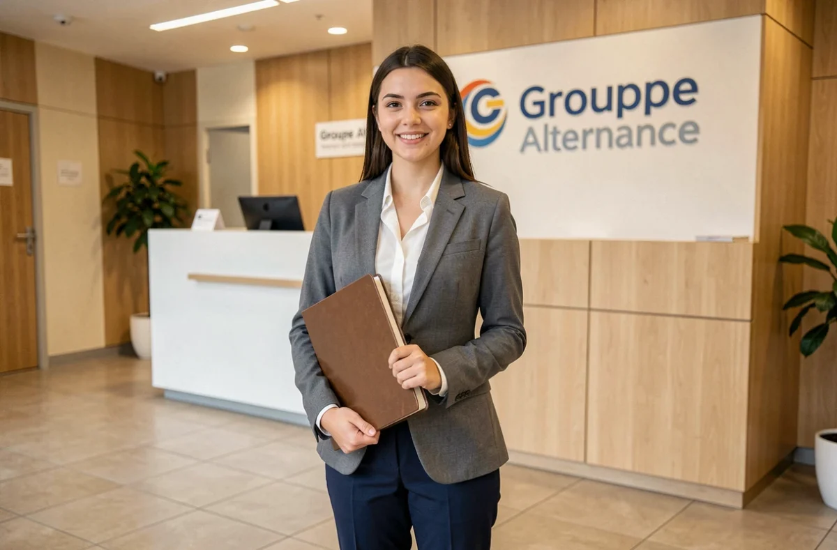 Jeune femme en alternance devant les locaux du Groupe Alternance à Nanterre