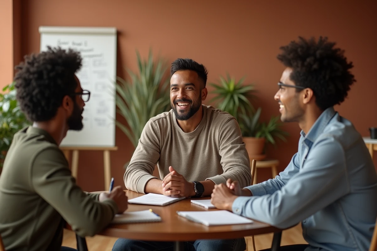 Groupe de participants en atelier de communication orale autour d'une table, pratiquant les 5 P de la parole