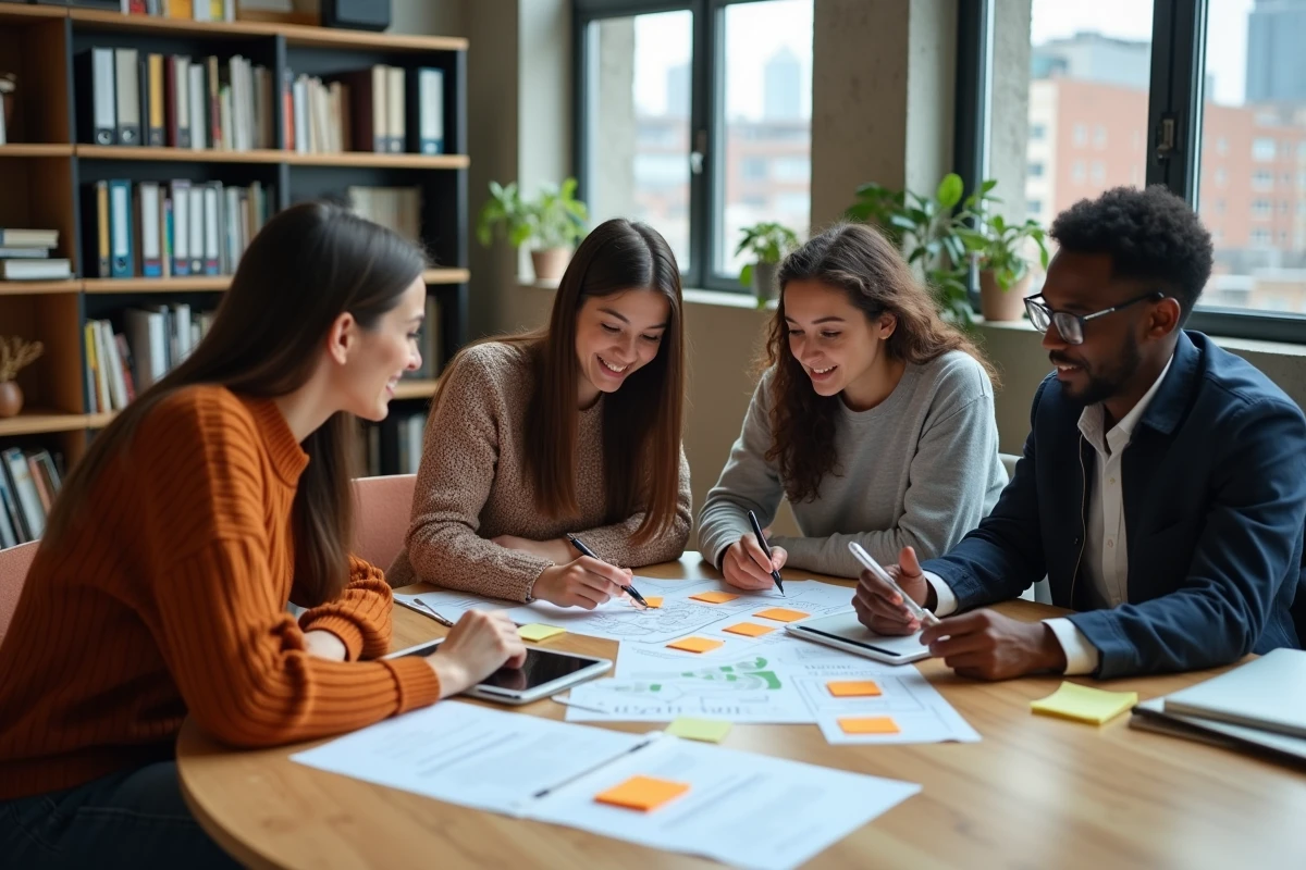 Groupe de professionnels adultes collaborant sur des exercices pratiques de formation à l'instruction professionnelle en atelier