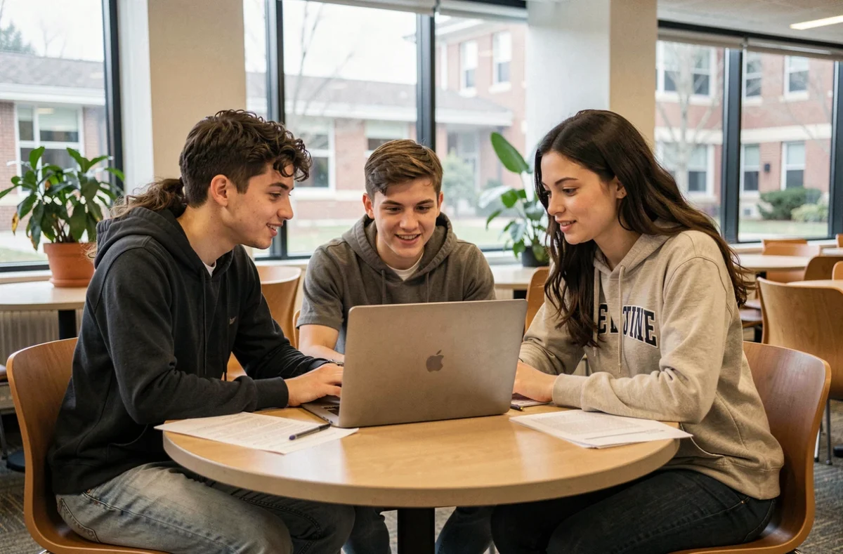 Groupe d'étudiants consultant ensemble un intranet scolaire sur ordinateur portable dans un espace commun de campus