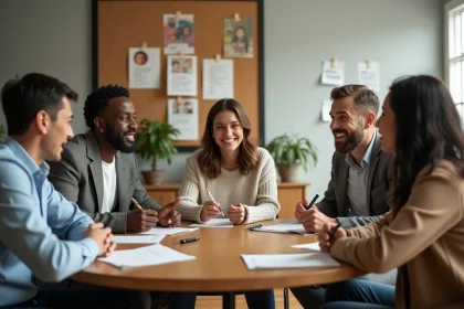 Groupe multiculturel d'adultes en discussion autour d'une table dans un centre communautaire, illustrant l'interculturalité dans le domaine social