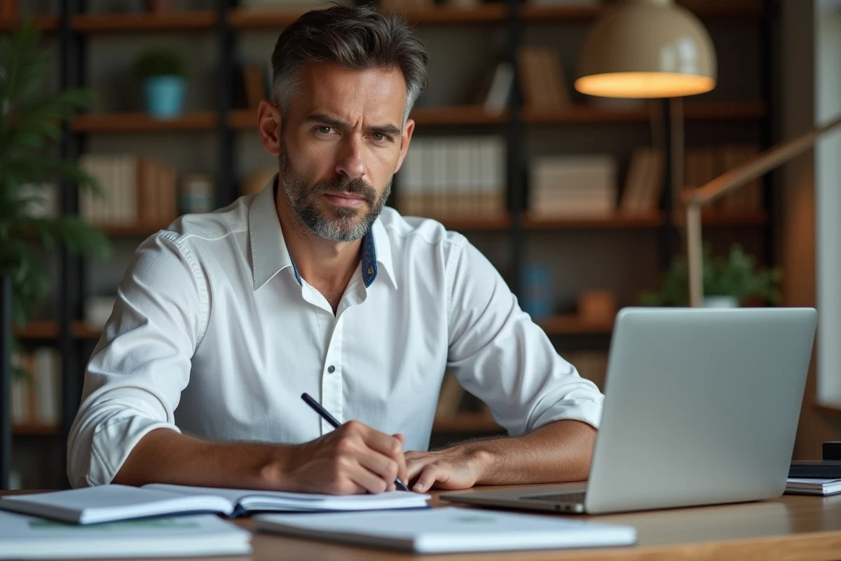 Homme organisé travaillant à un bureau rangé avec des classeurs et un planificateur dans un bureau à domicile