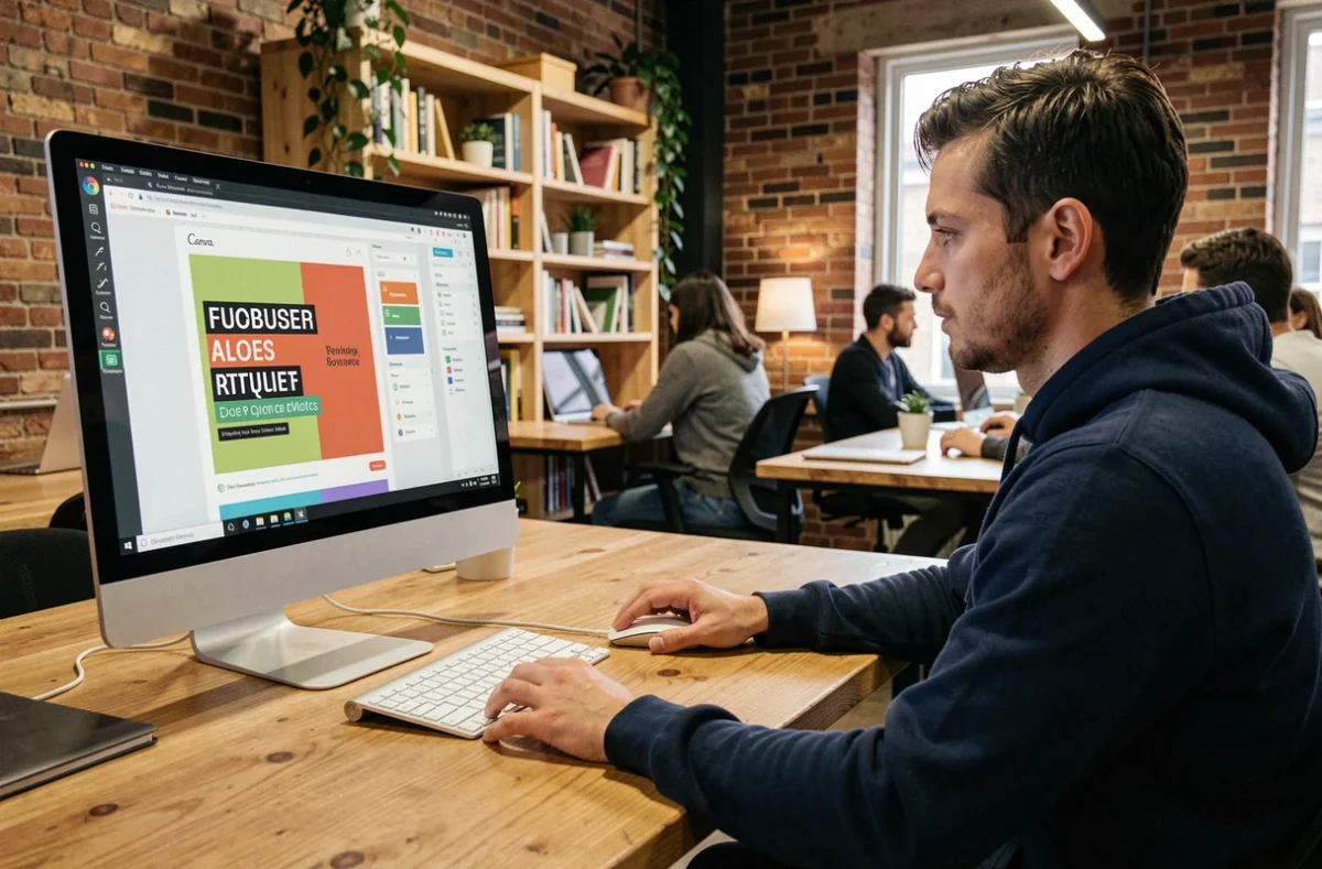 Homme en sweat marine créant une présentation commerciale sur Canva dans un espace de coworking avec mur en briques
