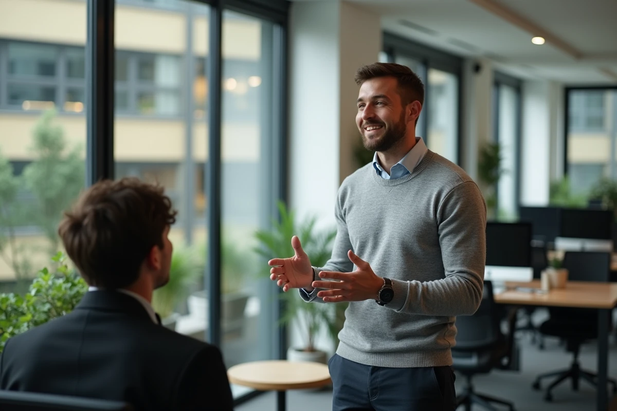 Homme en conversation professionnelle dans un bureau moderne, illustrant les principes de communication orale et les 5 P de la parole