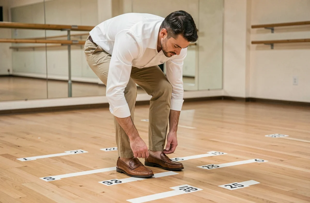 Homme débutant observant le placement de ses pieds sur un sol de studio de danse pour apprendre le Madison