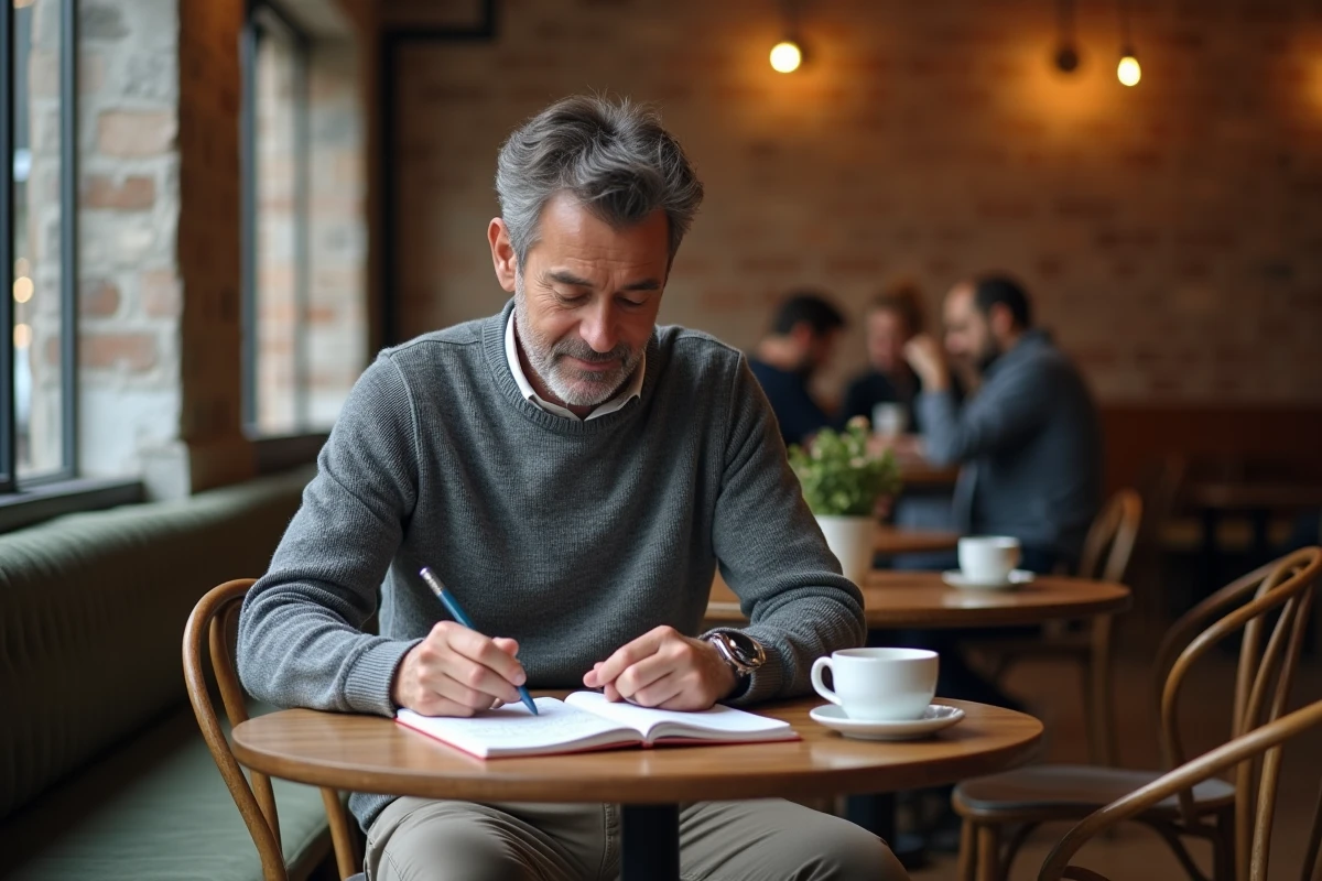 Homme en cours de reconversion dans la finance, étudiant des manuels financiers dans un café urbain