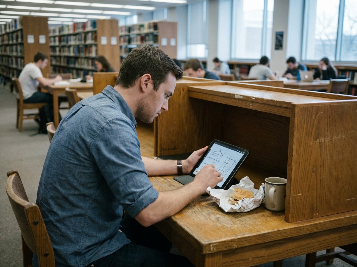 Homme en costume décontracté révisant ses cours d'architecture d'intérieur dans une bibliothèque universitaire pendant sa pause déjeuner