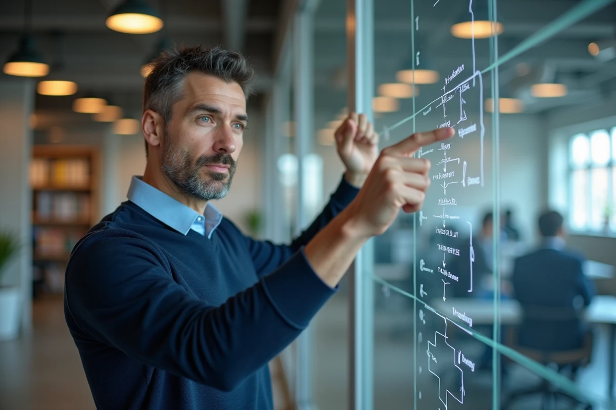 Professionnel présentant une méthode de gestion du temps sur un tableau blanc dans un bureau moderne