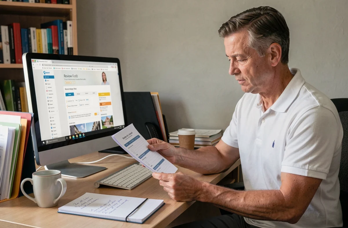 Homme consultant des avis en ligne sur un site de bricolage depuis son bureau à domicile en comparant des alternatives