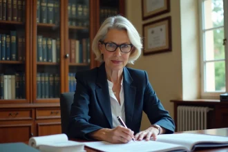 Inspectrice de l'éducation nationale en train d'examiner des documents officiels dans un bureau administratif formel