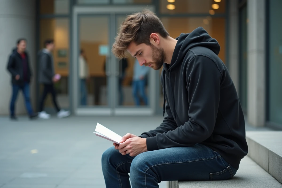 Jeune demandeur d'emploi assis devant une agence Pôle emploi tenant une lettre de sanction
