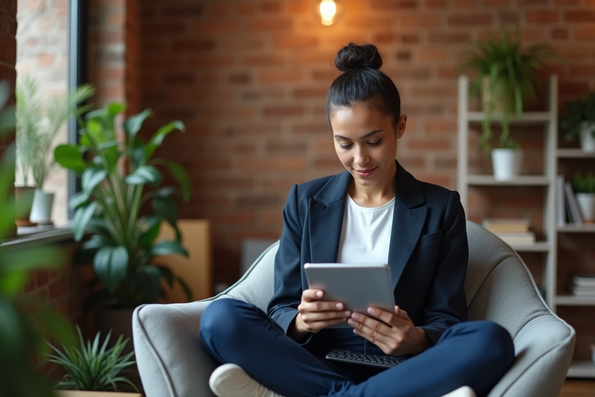 Jeune professionnelle travaillant sur une tablette dans un espace de coworking chaleureux, illustrant la flexibilité et l'efficacité professionnelle dans un cadre moderne