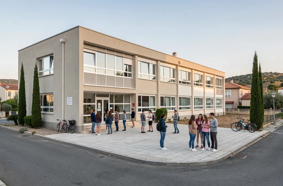 Bâtiment principal et parvis animé du Lycée de Provence avec des élèves en pause