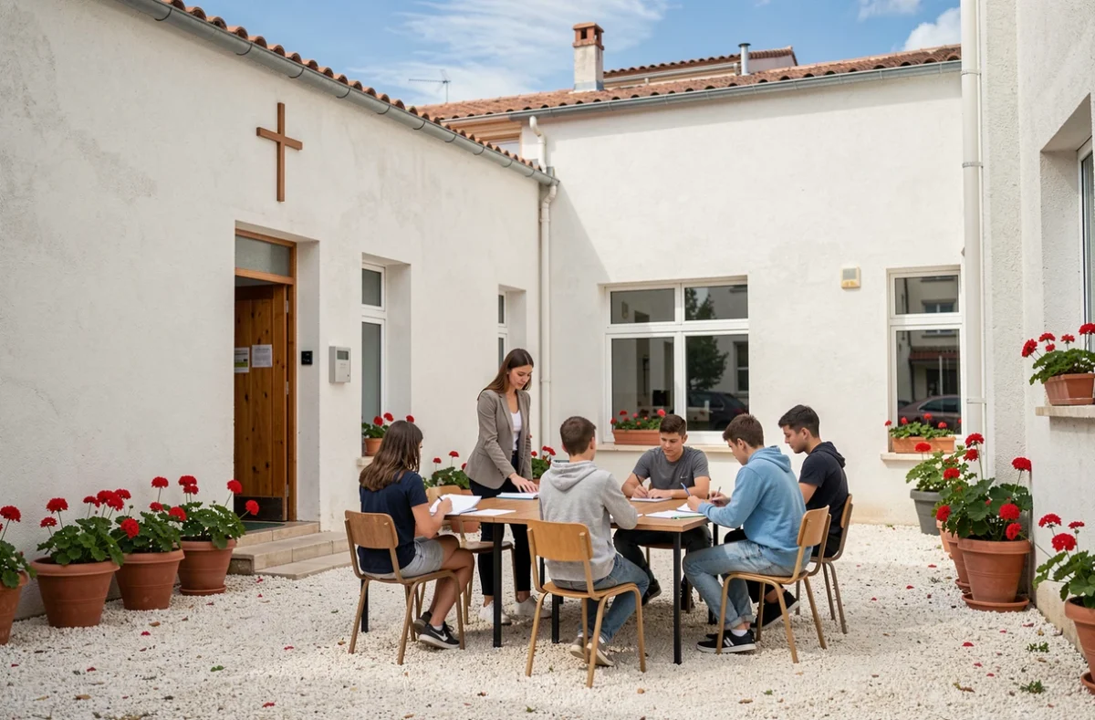 Cour intérieure du Lycée La Nativité à Marseille avec une enseignante et des élèves en plein air