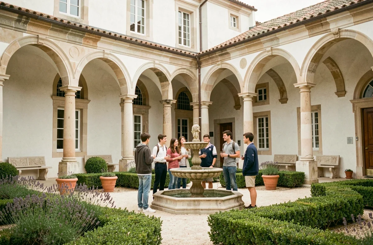 Cour intérieure avec cloîtres et jardin provençal du Lycée Lacordaire à Marseille