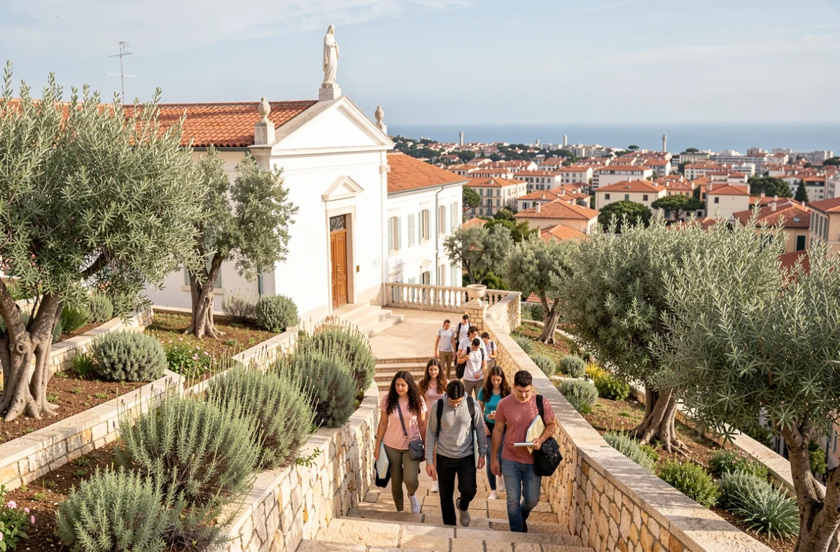 Escalier et chapelle du Lycée Notre-Dame de la Viste à Marseille avec vue sur la ville et la Méditerranée