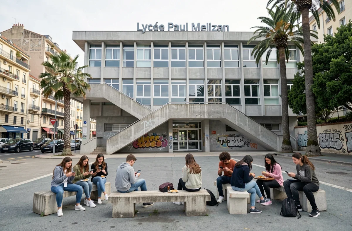 Parvis du Lycée Paul Melizan à Marseille avec des élèves déjeunant sur des bancs en béton