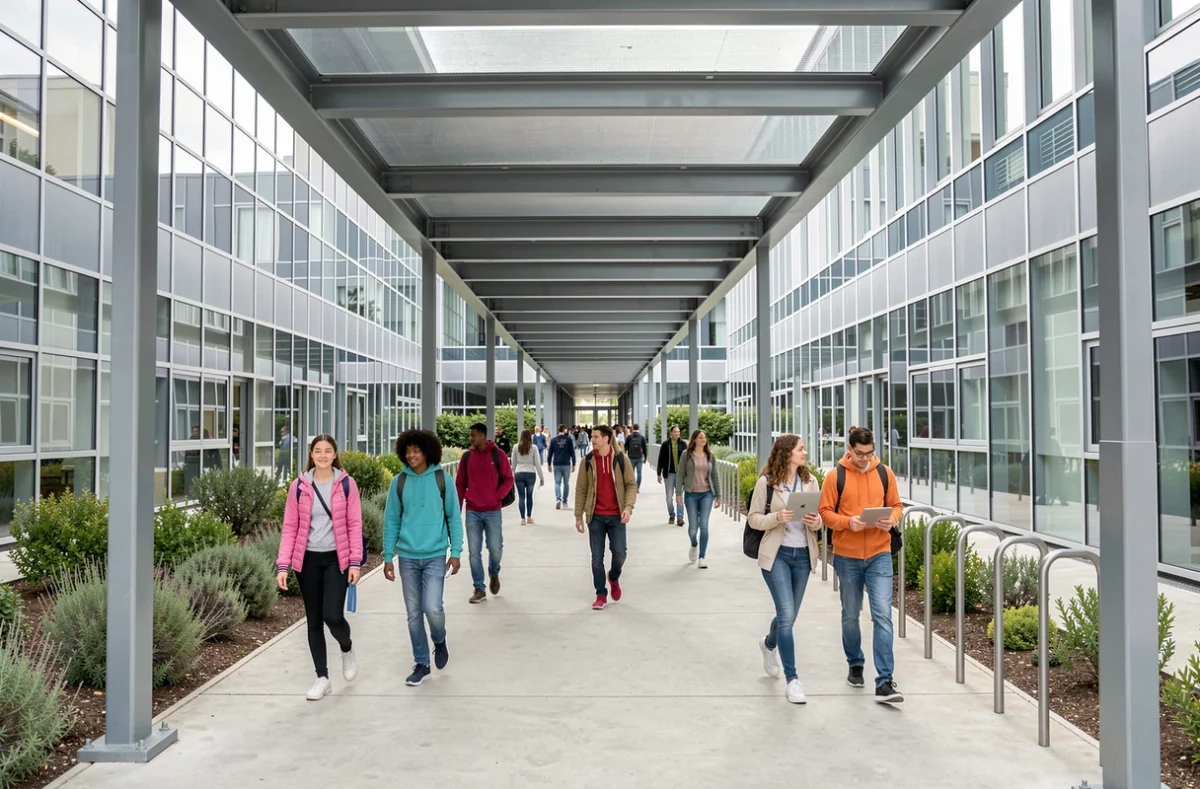 Allée couverte du campus moderne du Lycée polyvalent Pierre Mendès-France avec des élèves circulant entre les bâtiments