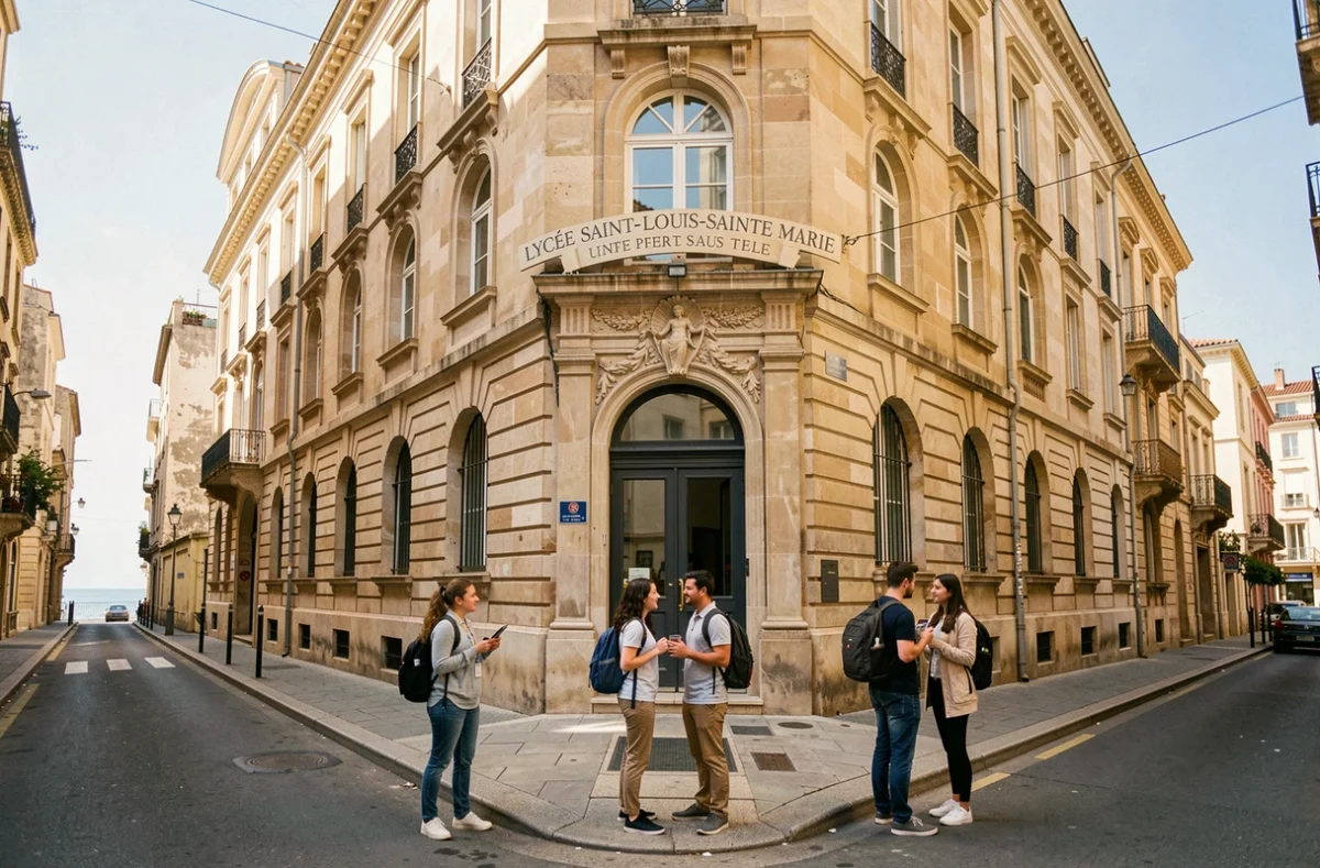 Façade et entrée du Lycée Saint-Louis-Sainte-Marie à Marseille avec des élèves devant le portail