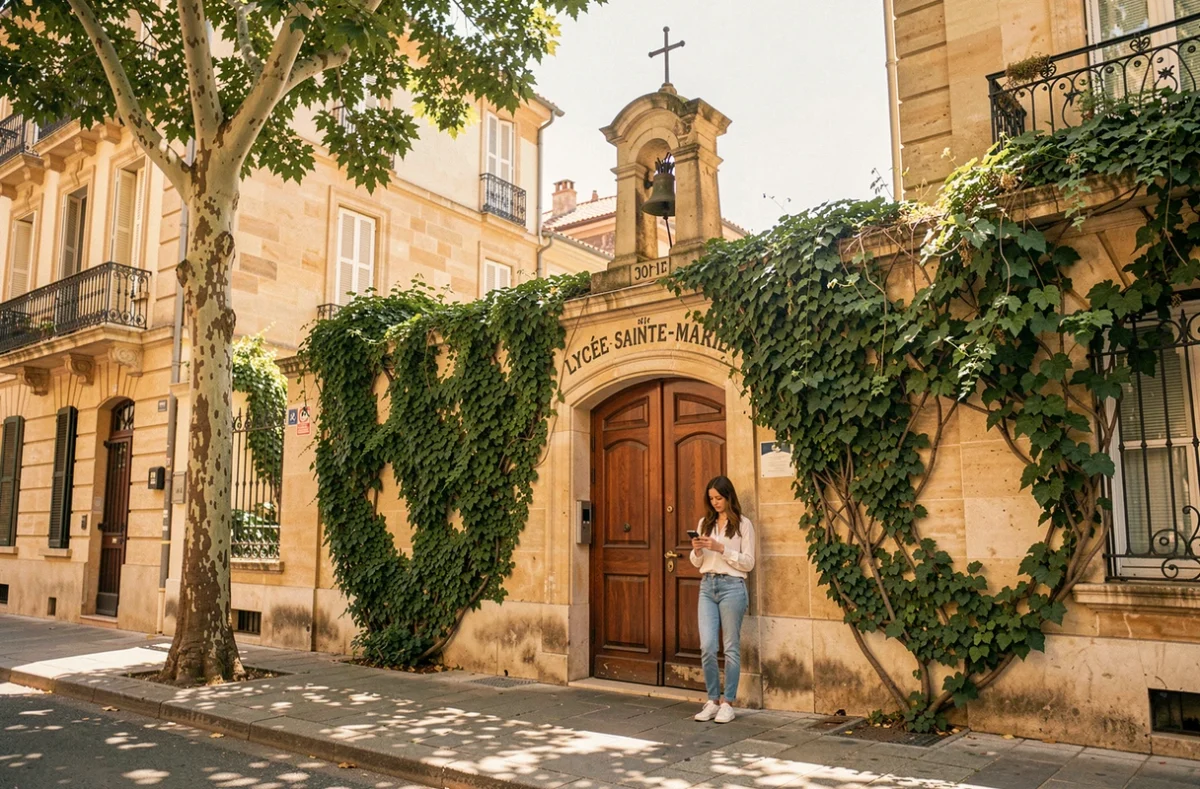 Entrée du Lycée Sainte-Marie à Marseille avec son portail en bois et son clocher visible en arrière-plan