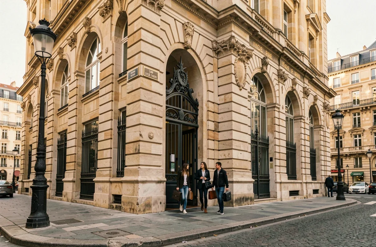 Façade néoclassique et entrée monumentale du Lycée Thiers à Marseille avec des élèves sortant du portail