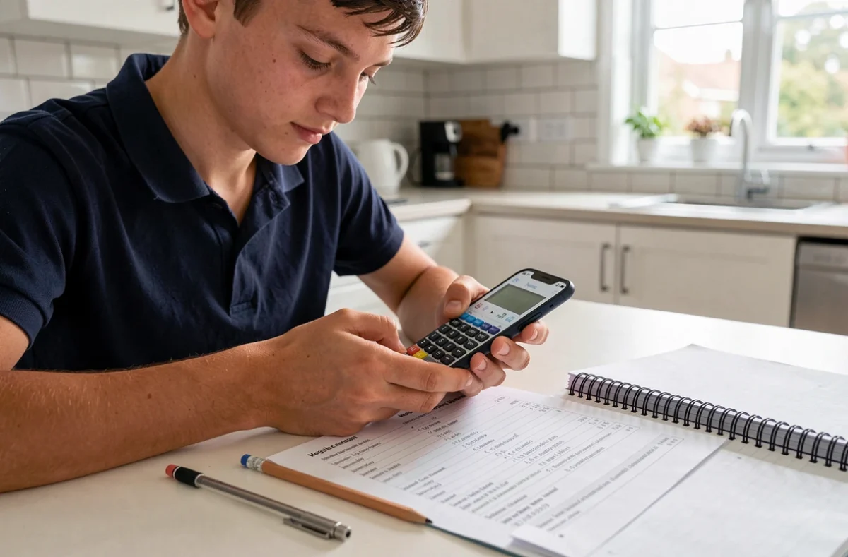 Lycéen consultant son bulletin scolaire et calculant sa moyenne pondérée avec une calculatrice sur smartphone