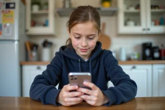 Lycéenne consultant l'ENT16 sur son smartphone Android dans une cuisine, accédant à ses cours et devoirs en ligne