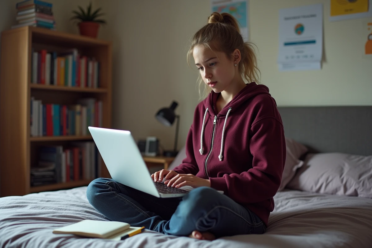 Jeune lycéenne dans sa chambre cherchant à récupérer son accès Scolinfo sur ordinateur portable avec un cahier ouvert à côté