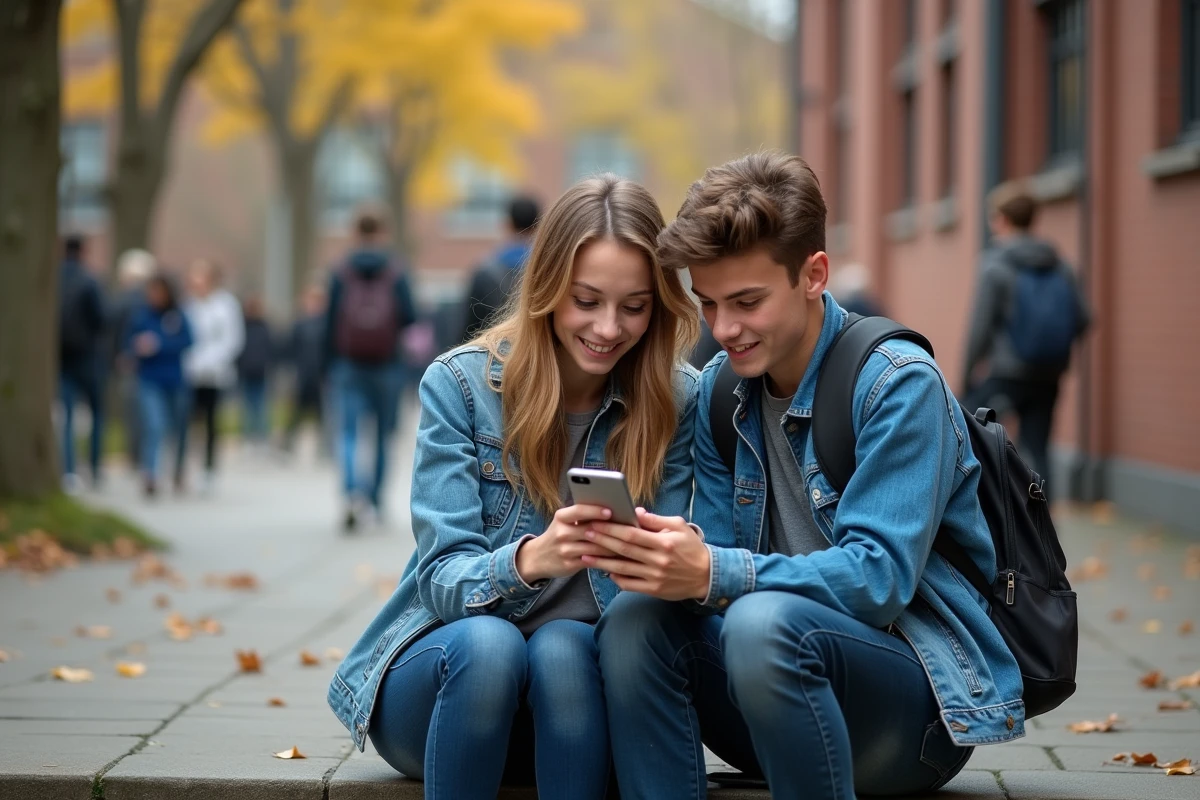 Deux lycéens consultant ensemble l'ENT16 sur smartphone dans la cour d'école, regardant le calendrier des devoirs