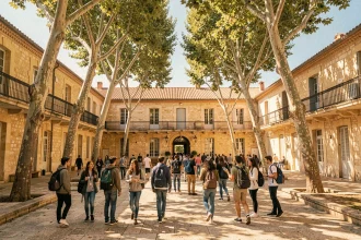 Vue panoramique d'une cour de lycée provençale avec des élèves en tenue décontractée sous un ciel méditerranéen bleu
