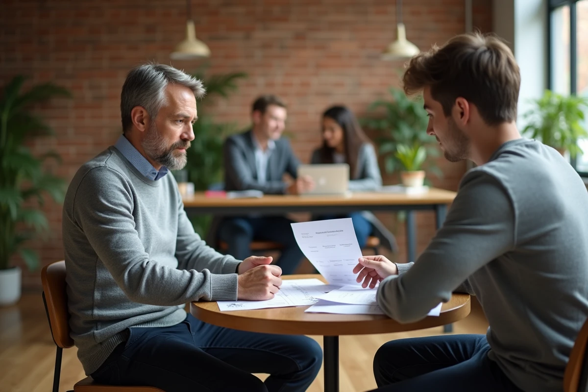 Manager EF en session de coaching avec un collaborateur dans un espace de travail collaboratif et chaleureux