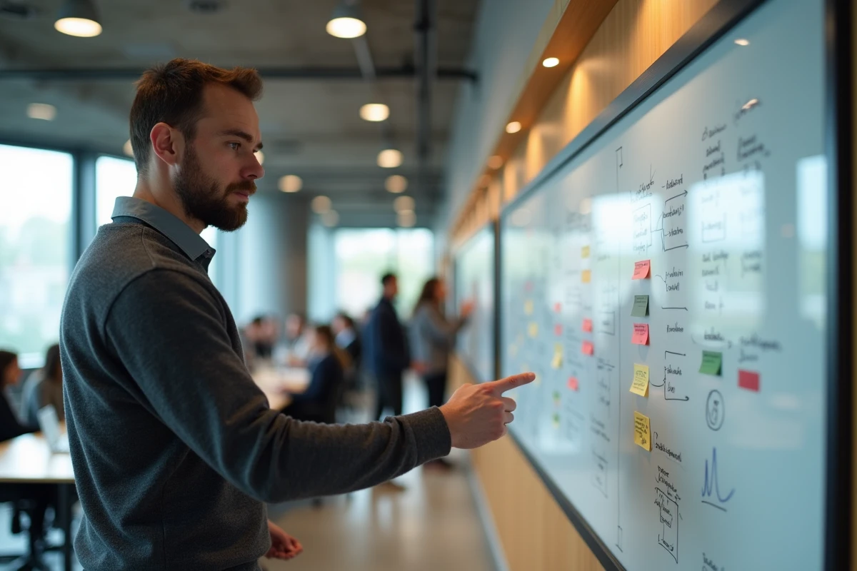 Homme d'affaires présentant une stratégie de productivité sur un tableau blanc dans un open space moderne, symbolisant la gestion efficace des projets professionnels