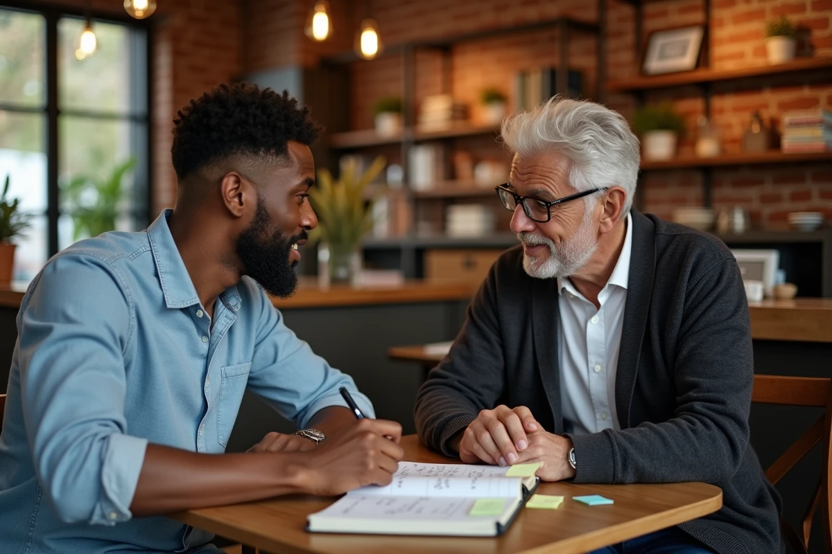 Jeune professionnel en séance de mentorat pour développer ses objectifs de leadership dans un café urbain